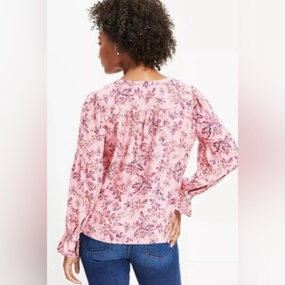 Loft Floral Ruffle Tie Neck Top Blossom Blouse Pink Floral Career and Casual - Picture 2 of 11